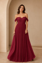 Burgundy A-line bridesmaid dress with sweetheart neckline and off-shoulder sleeves by GraceProm