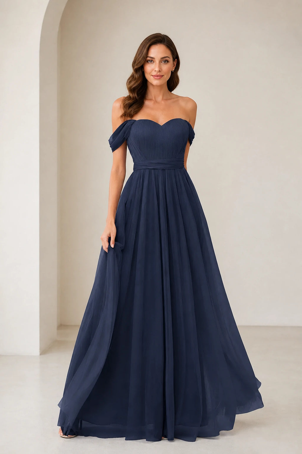 Romantic A-Line Sweetheart Off-Shoulder Draped-Sleeve Bow-Back Floor-Length Bridesmaid Dress