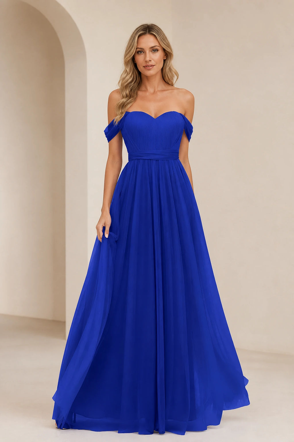 Romantic A-Line Sweetheart Off-Shoulder Draped-Sleeve Bow-Back Floor-Length Bridesmaid Dress