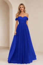 Romantic A-Line Sweetheart Off-Shoulder Draped-Sleeve Bow-Back Floor-Length Bridesmaid Dress