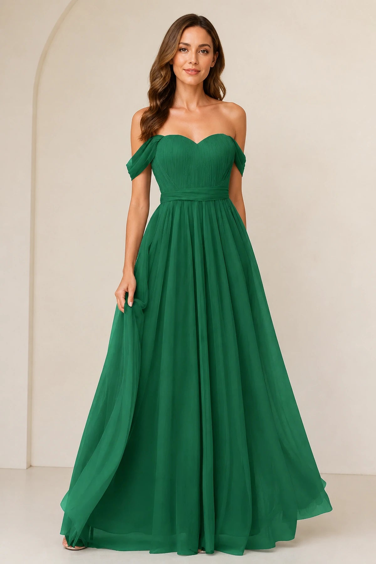 Romantic A-Line Sweetheart Off-Shoulder Draped-Sleeve Bow-Back Floor-Length Bridesmaid Dress