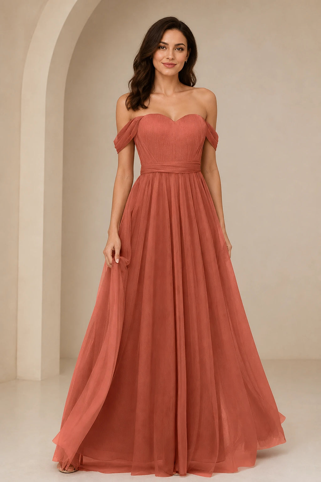 Romantic A-Line Sweetheart Off-Shoulder Draped-Sleeve Bow-Back Floor-Length Bridesmaid Dress