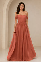Romantic A-Line Sweetheart Off-Shoulder Draped-Sleeve Bow-Back Floor-Length Bridesmaid Dress