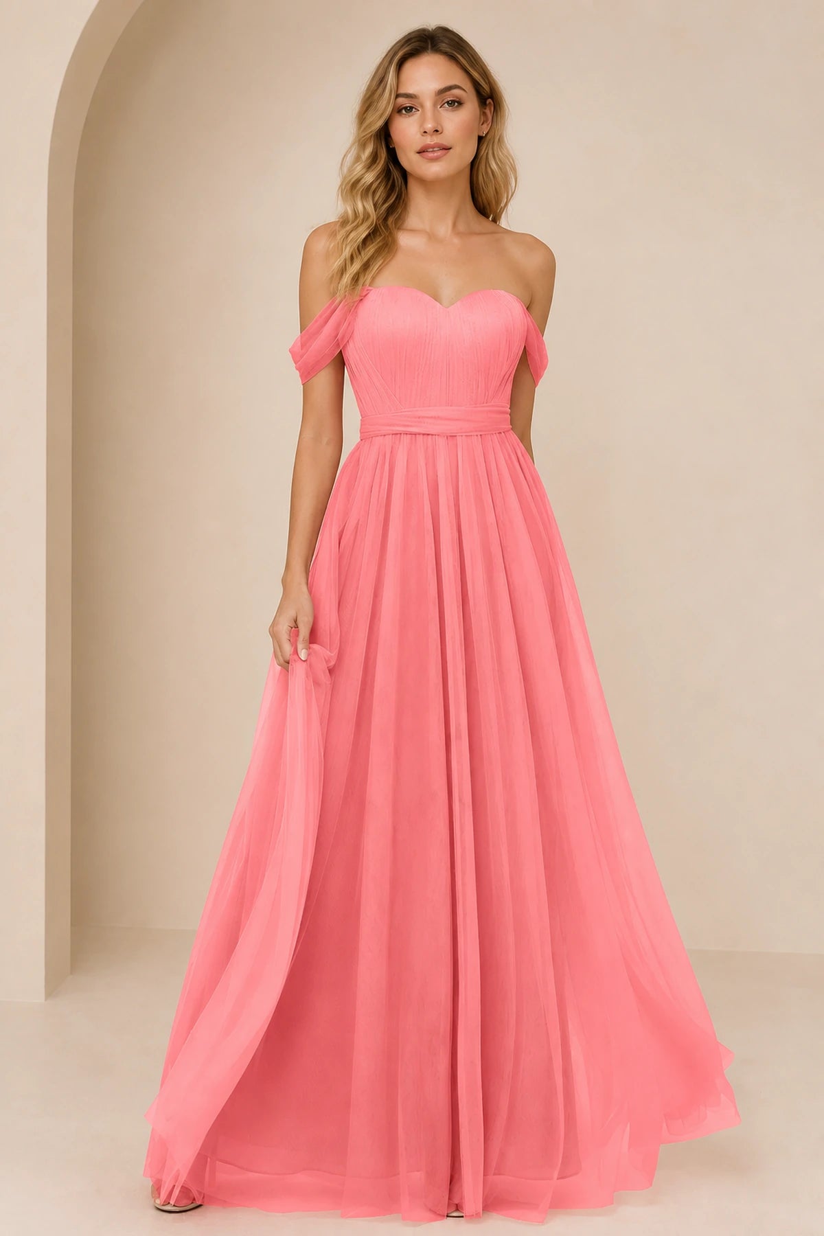 Romantic A-Line Sweetheart Off-Shoulder Draped-Sleeve Bow-Back Floor-Length Bridesmaid Dress