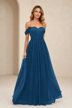 Romantic A-Line Sweetheart Off-Shoulder Draped-Sleeve Bow-Back Floor-Length Bridesmaid Dress