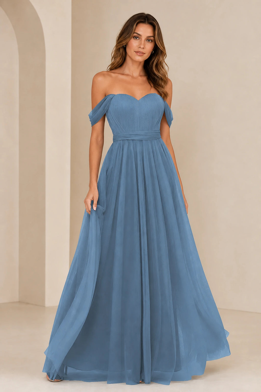 Romantic A-Line Sweetheart Off-Shoulder Draped-Sleeve Bow-Back Floor-Length Bridesmaid Dress