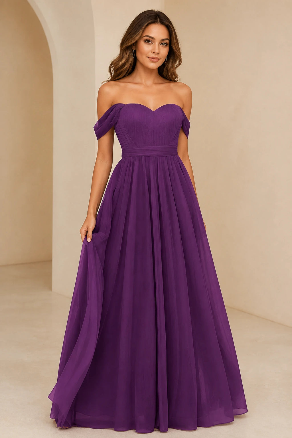 Romantic A-Line Sweetheart Off-Shoulder Draped-Sleeve Bow-Back Floor-Length Bridesmaid Dress