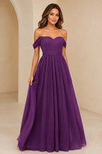 Romantic A-Line Sweetheart Off-Shoulder Draped-Sleeve Bow-Back Floor-Length Bridesmaid Dress