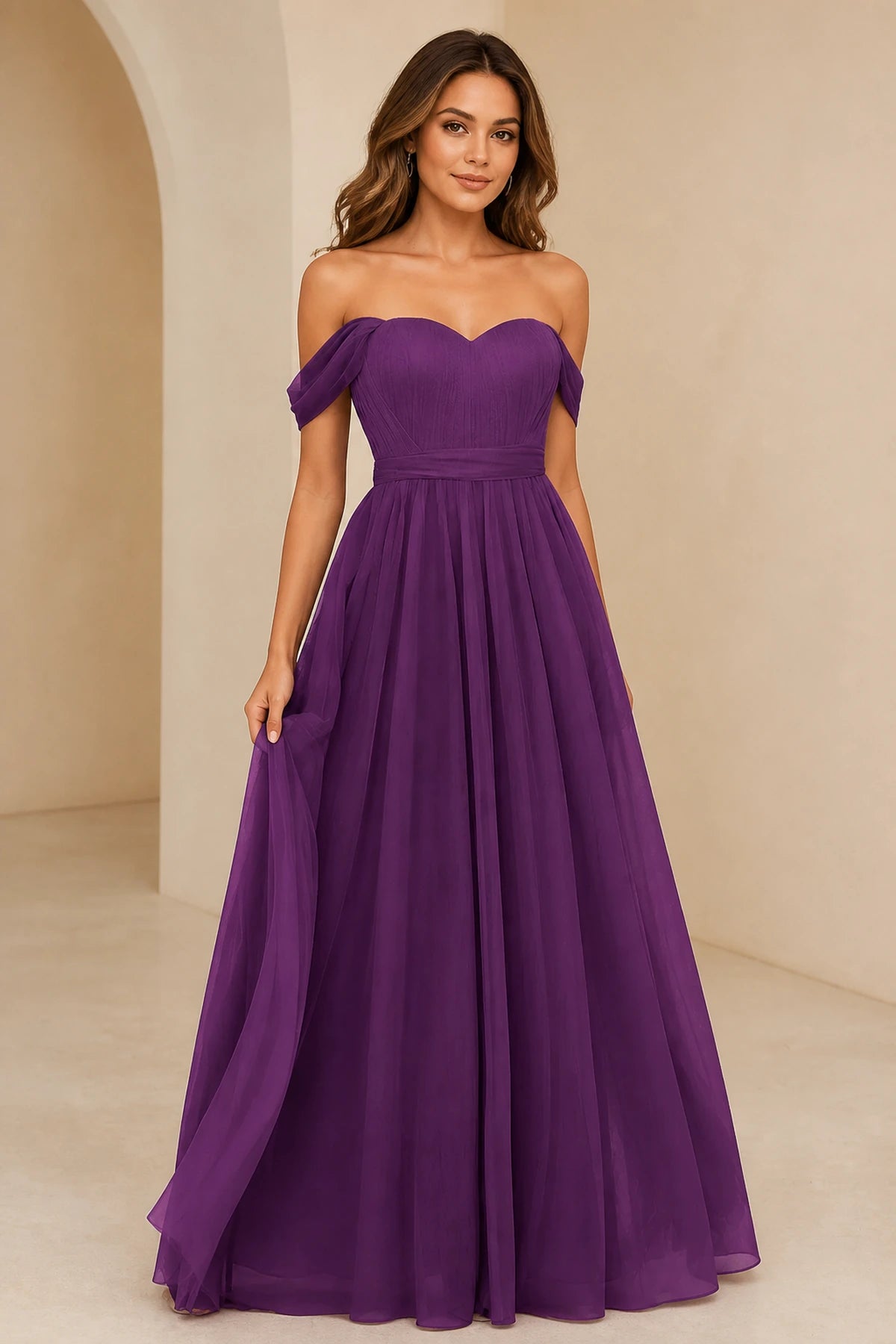 Romantic A-Line Sweetheart Off-Shoulder Draped-Sleeve Bow-Back Floor-Length Bridesmaid Dress