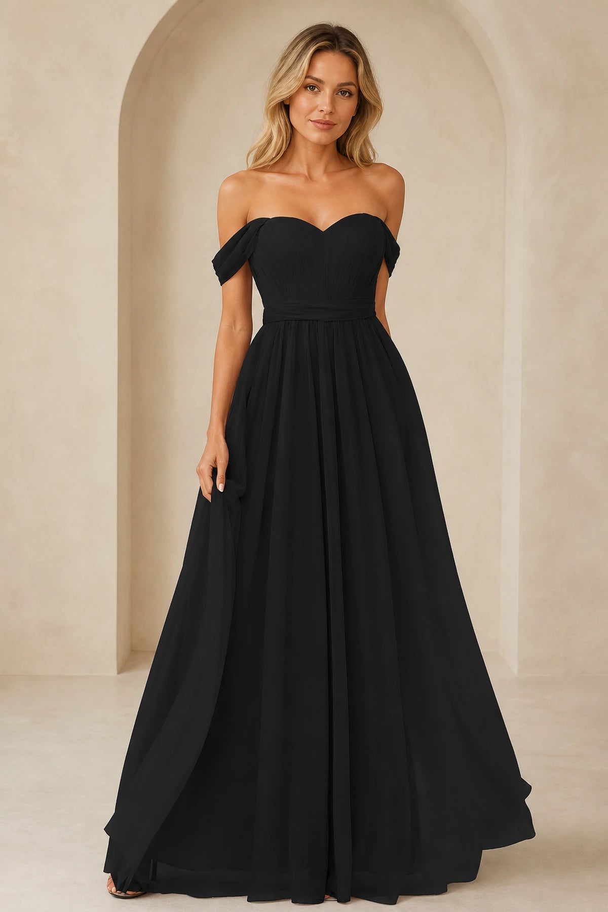 Romantic A-Line Sweetheart Off-Shoulder Draped-Sleeve Bow-Back Floor-Length Bridesmaid Dress