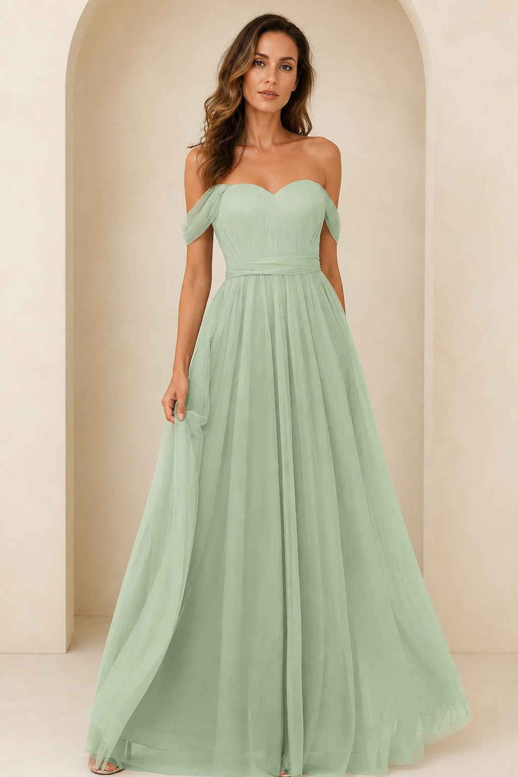 Romantic A-Line Sweetheart Off-Shoulder Draped-Sleeve Bow-Back Floor-Length Bridesmaid Dress