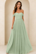 Romantic A-Line Sweetheart Off-Shoulder Draped-Sleeve Bow-Back Floor-Length Bridesmaid Dress