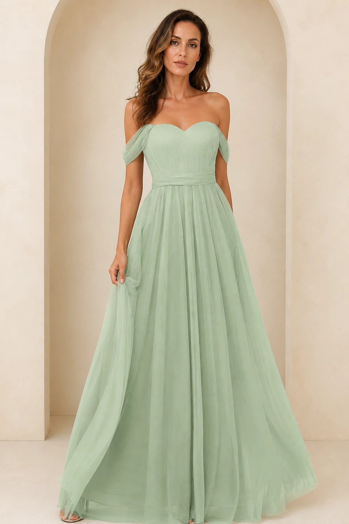Romantic A-Line Sweetheart Off-Shoulder Draped-Sleeve Bow-Back Floor-Length Bridesmaid Dress