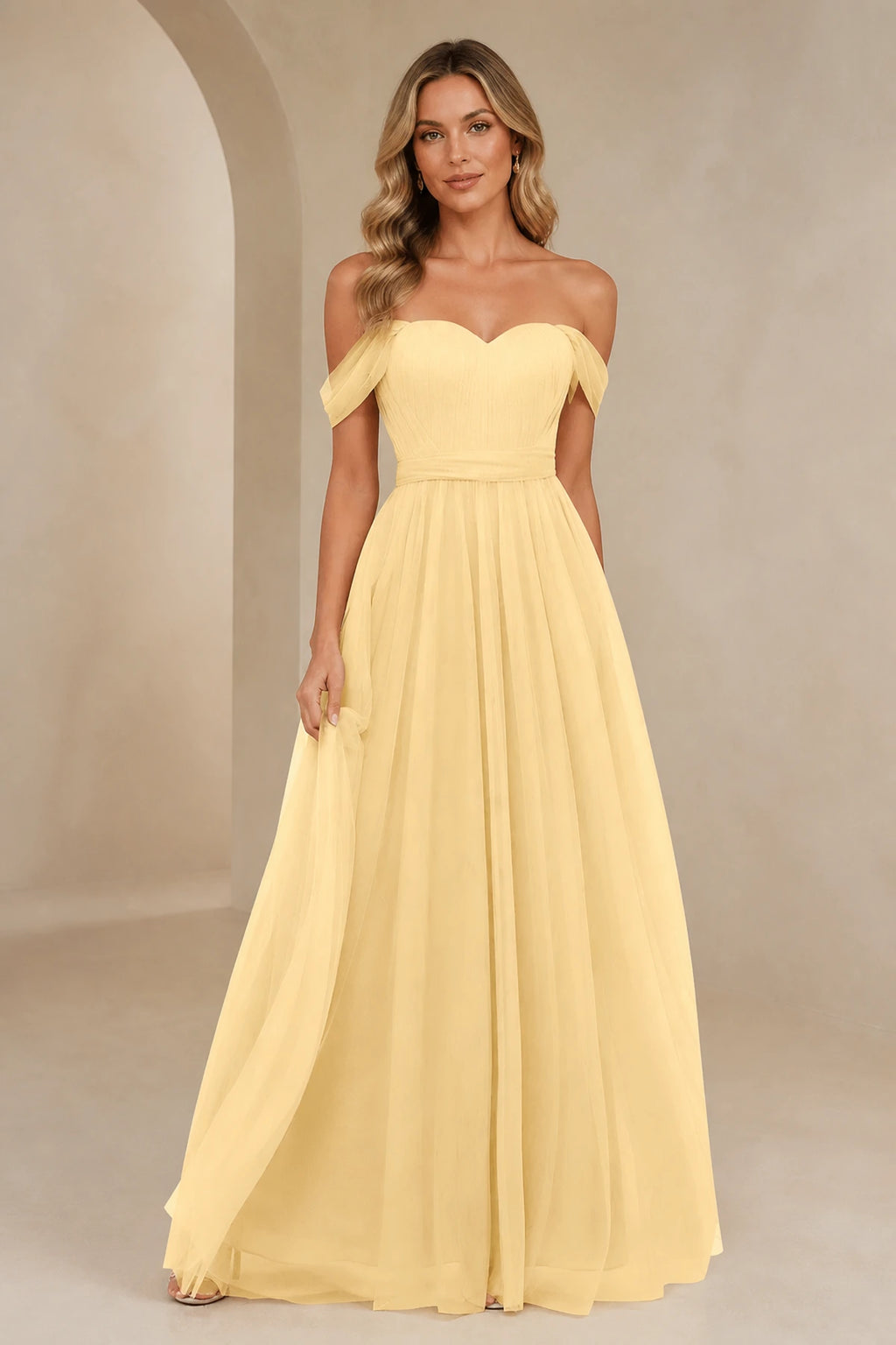 Romantic A-Line Sweetheart Off-Shoulder Draped-Sleeve Bow-Back Floor-Length Bridesmaid Dress