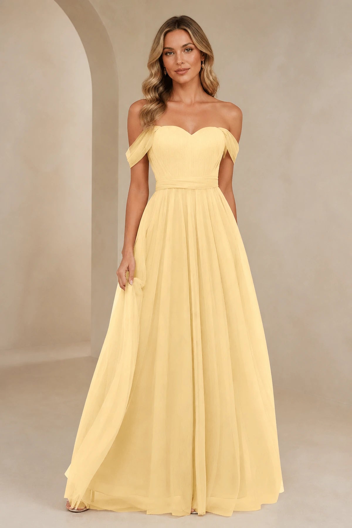 Romantic A-Line Sweetheart Off-Shoulder Draped-Sleeve Bow-Back Floor-Length Bridesmaid Dress