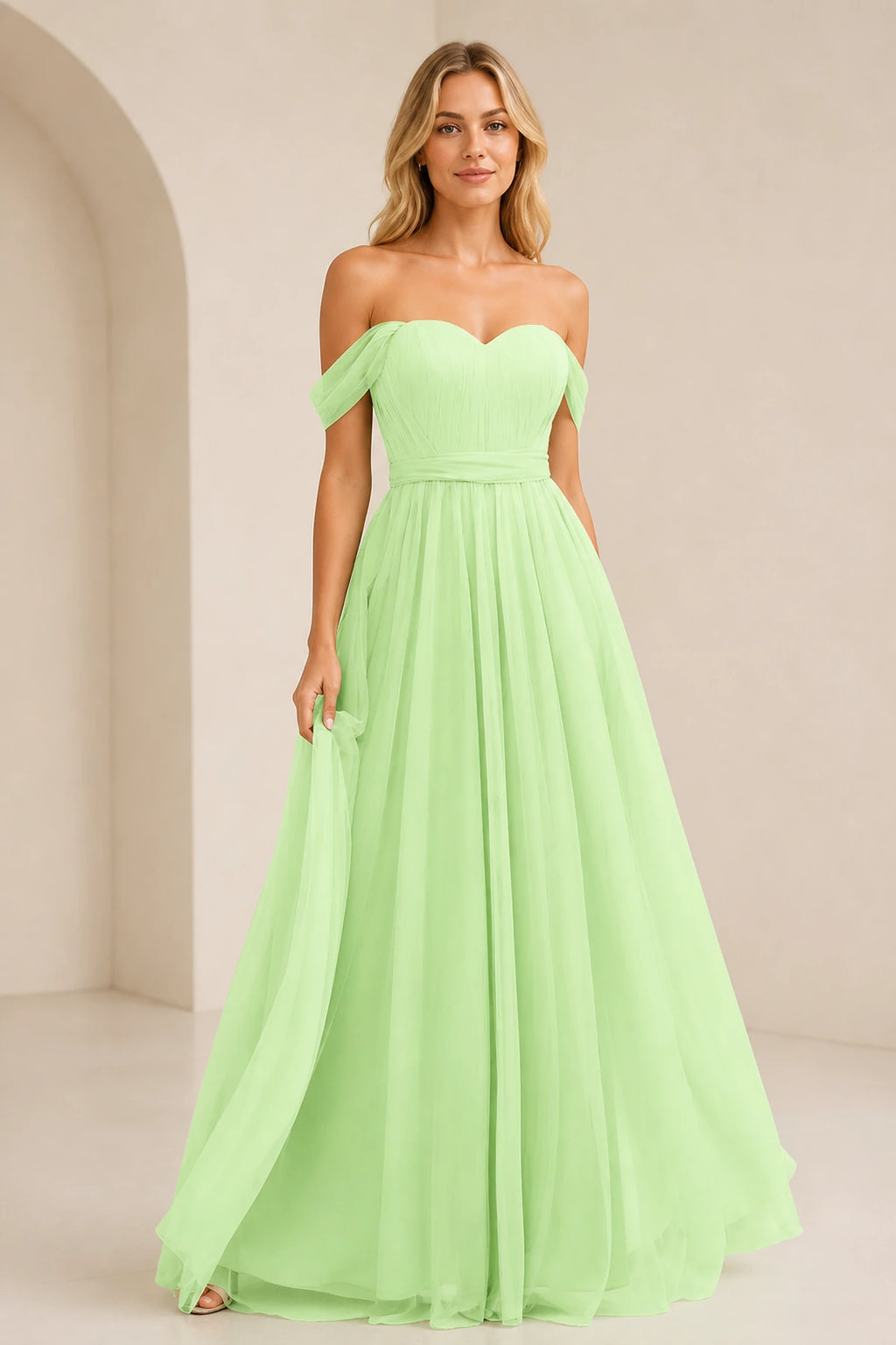 Romantic A-Line Sweetheart Off-Shoulder Draped-Sleeve Bow-Back Floor-Length Bridesmaid Dress
