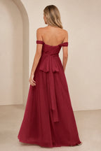 Romantic A-Line Sweetheart Off-Shoulder Draped-Sleeve Bow-Back Floor-Length Bridesmaid Dress