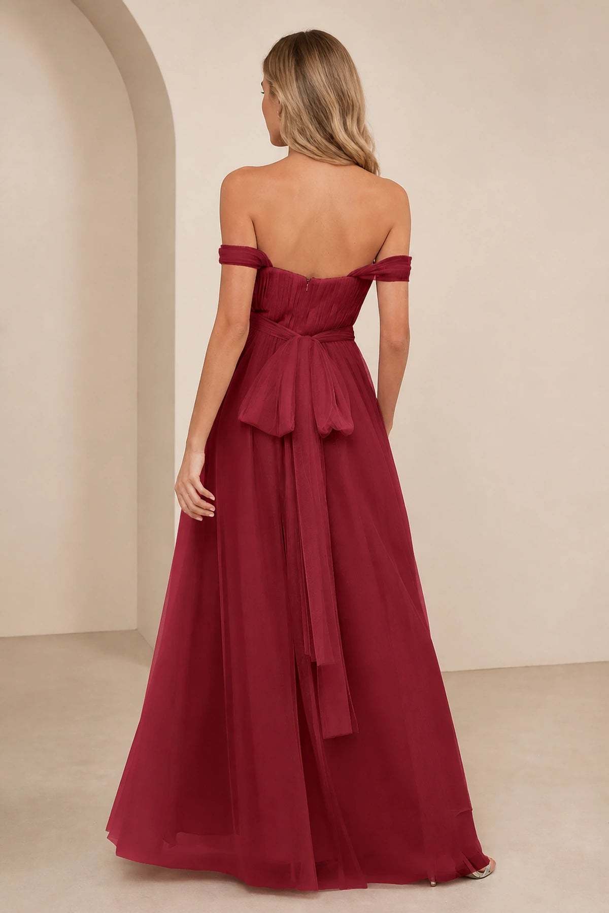 Romantic A-Line Sweetheart Off-Shoulder Draped-Sleeve Bow-Back Floor-Length Bridesmaid Dress