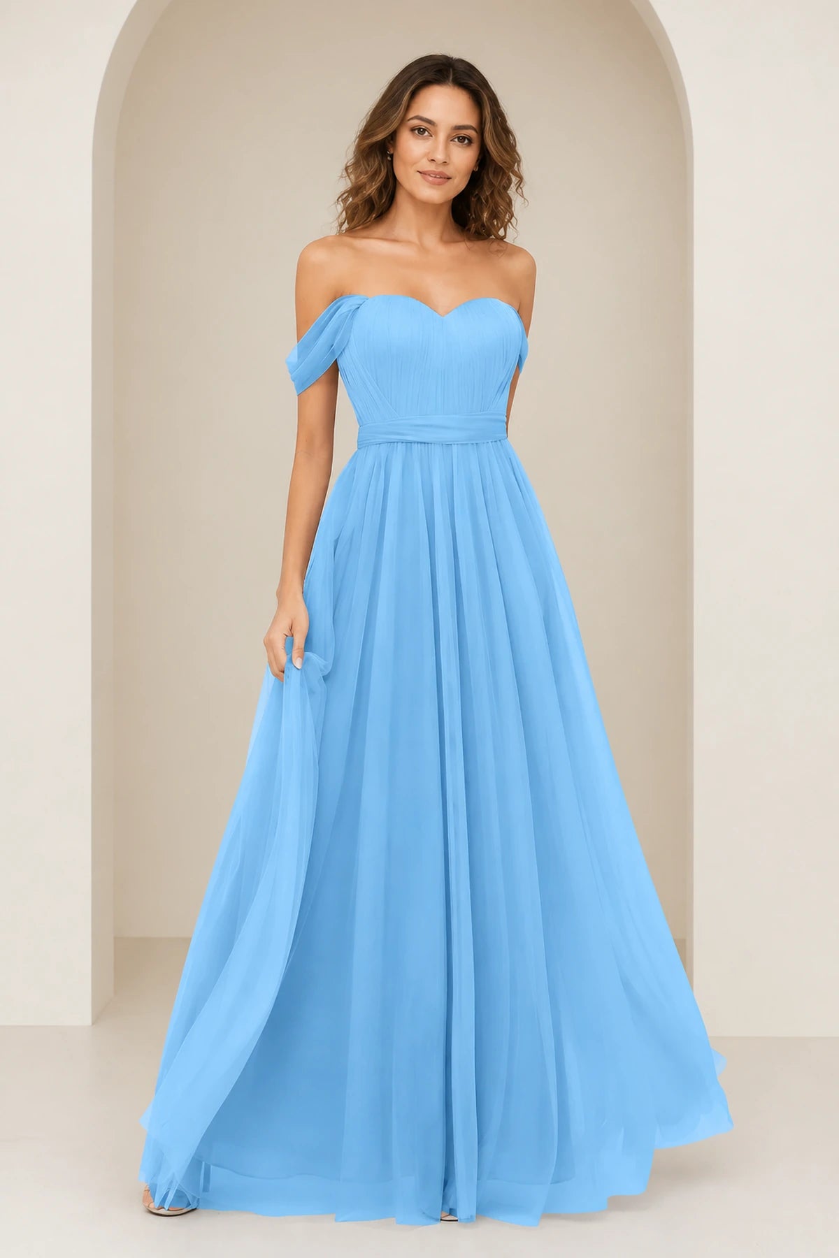 Romantic A-Line Sweetheart Off-Shoulder Draped-Sleeve Bow-Back Floor-Length Bridesmaid Dress