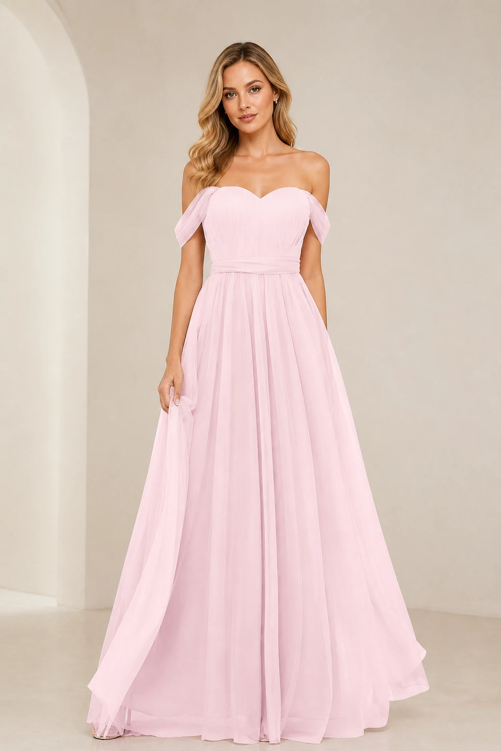 Romantic A-Line Sweetheart Off-Shoulder Draped-Sleeve Bow-Back Floor-Length Bridesmaid Dress