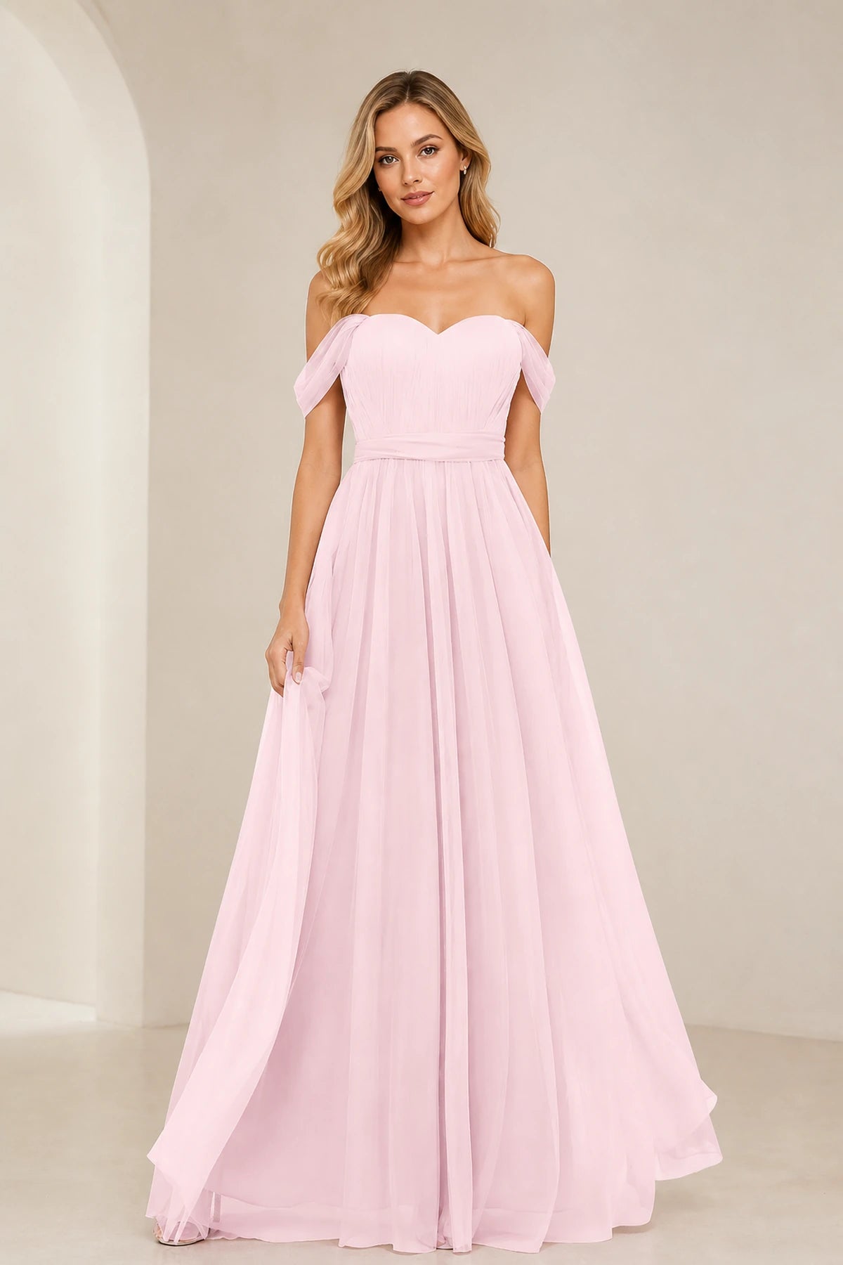 Romantic A-Line Sweetheart Off-Shoulder Draped-Sleeve Bow-Back Floor-Length Bridesmaid Dress