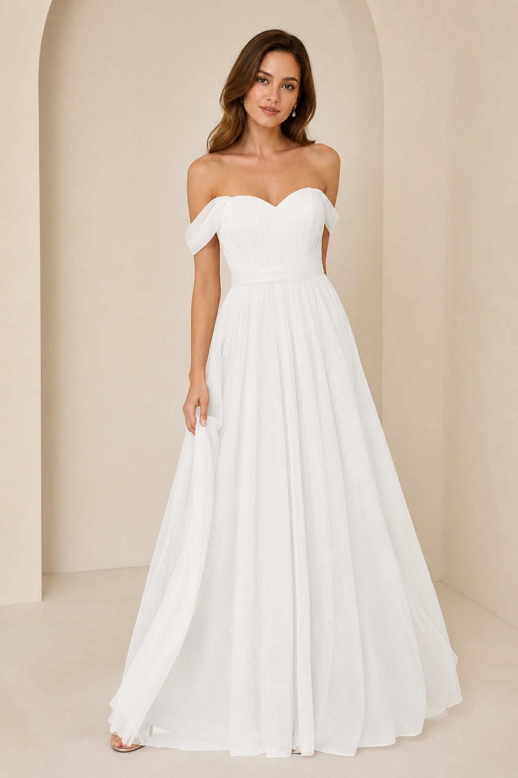 Romantic A-Line Sweetheart Off-Shoulder Draped-Sleeve Bow-Back Floor-Length Bridesmaid Dress