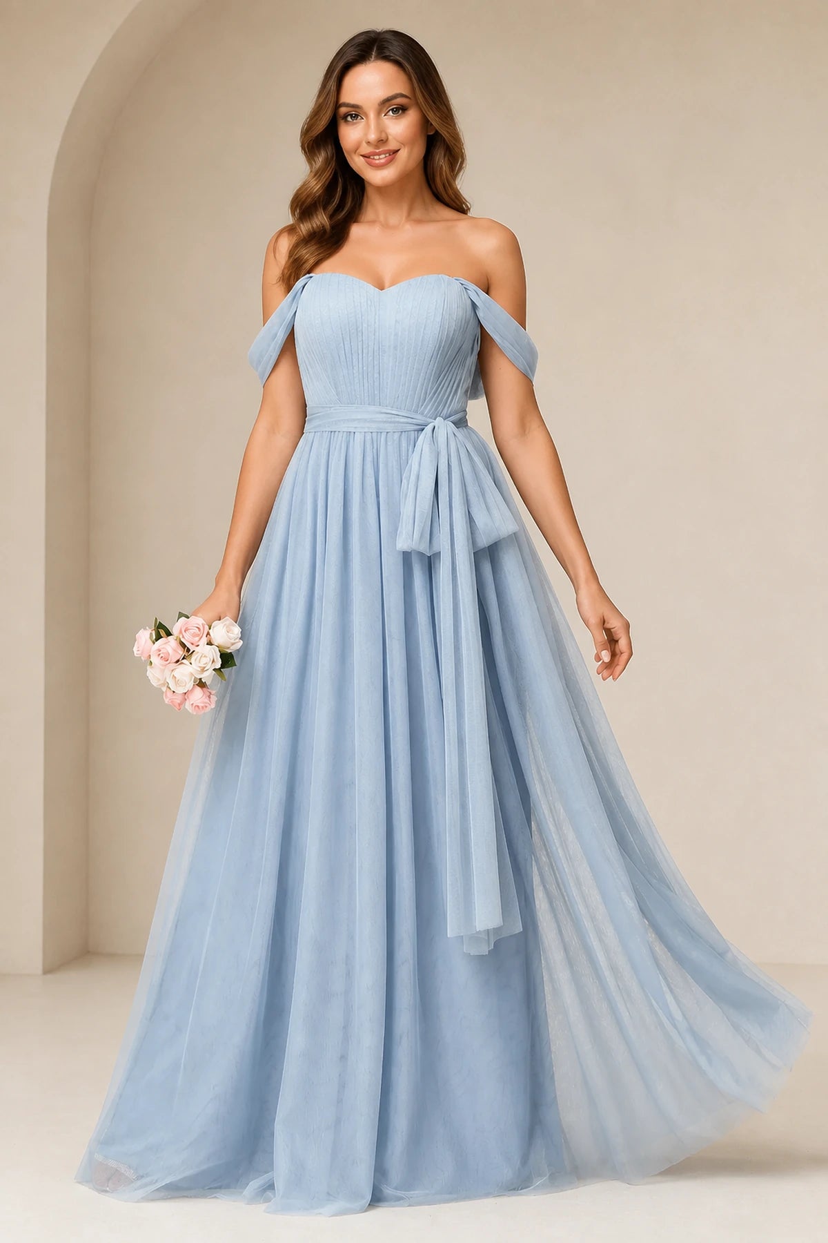 Romantic A-Line Sweetheart Off-Shoulder Draped-Sleeve Bow-Back Floor-Length Bridesmaid Dress