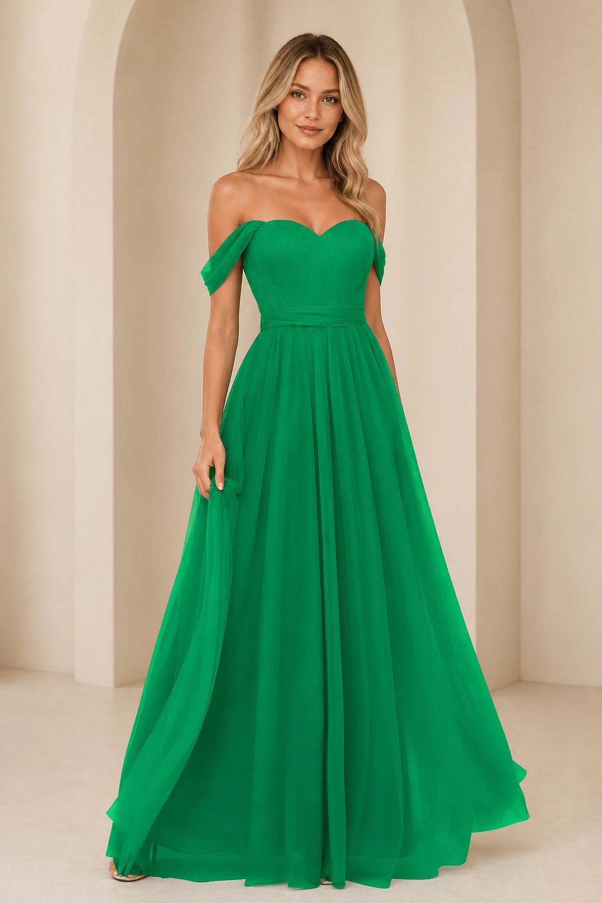 Romantic A-Line Sweetheart Off-Shoulder Draped-Sleeve Bow-Back Floor-Length Bridesmaid Dress