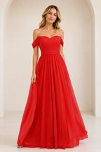 Romantic A-Line Sweetheart Off-Shoulder Draped-Sleeve Bow-Back Floor-Length Bridesmaid Dress