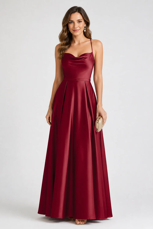 Burgundy satin wedding guest dress with cowl neckline, spaghetti straps and A-line floor-length skirt by GraceProm