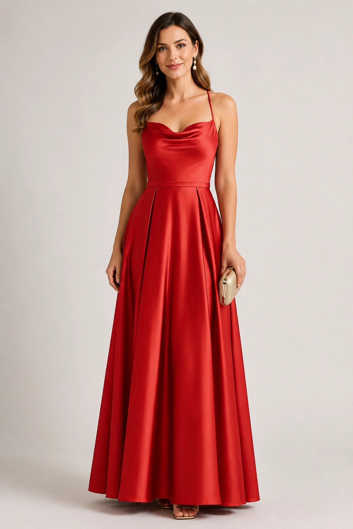 Elegant A-Line Cowl-Neck Spaghetti-Strap Sleeveless Cross-Back Floor-Length Wedding Guest Dress