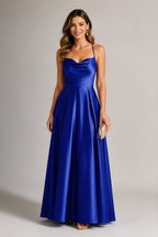 Elegant A-Line Cowl-Neck Spaghetti-Strap Sleeveless Cross-Back Floor-Length Wedding Guest Dress