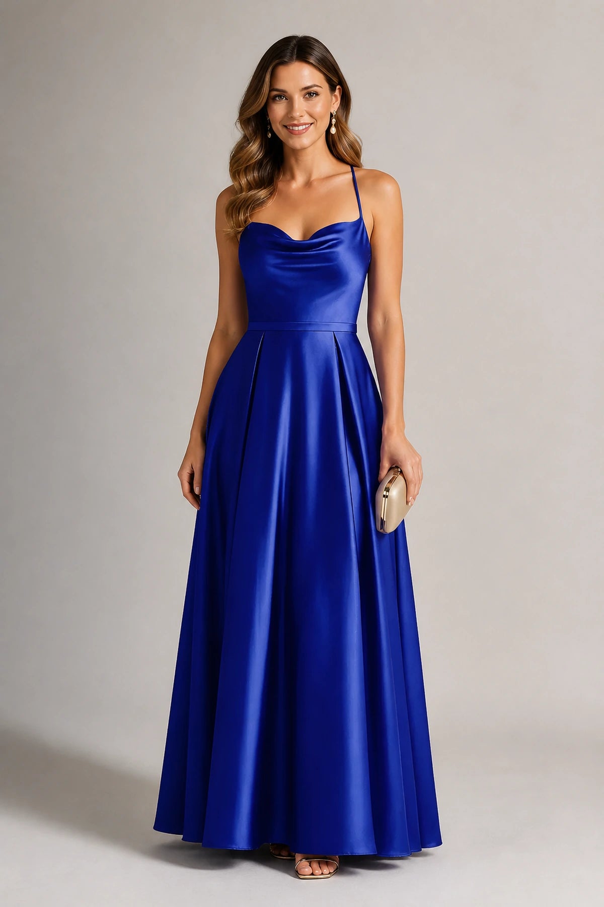 Elegant A-Line Cowl-Neck Spaghetti-Strap Sleeveless Cross-Back Floor-Length Wedding Guest Dress