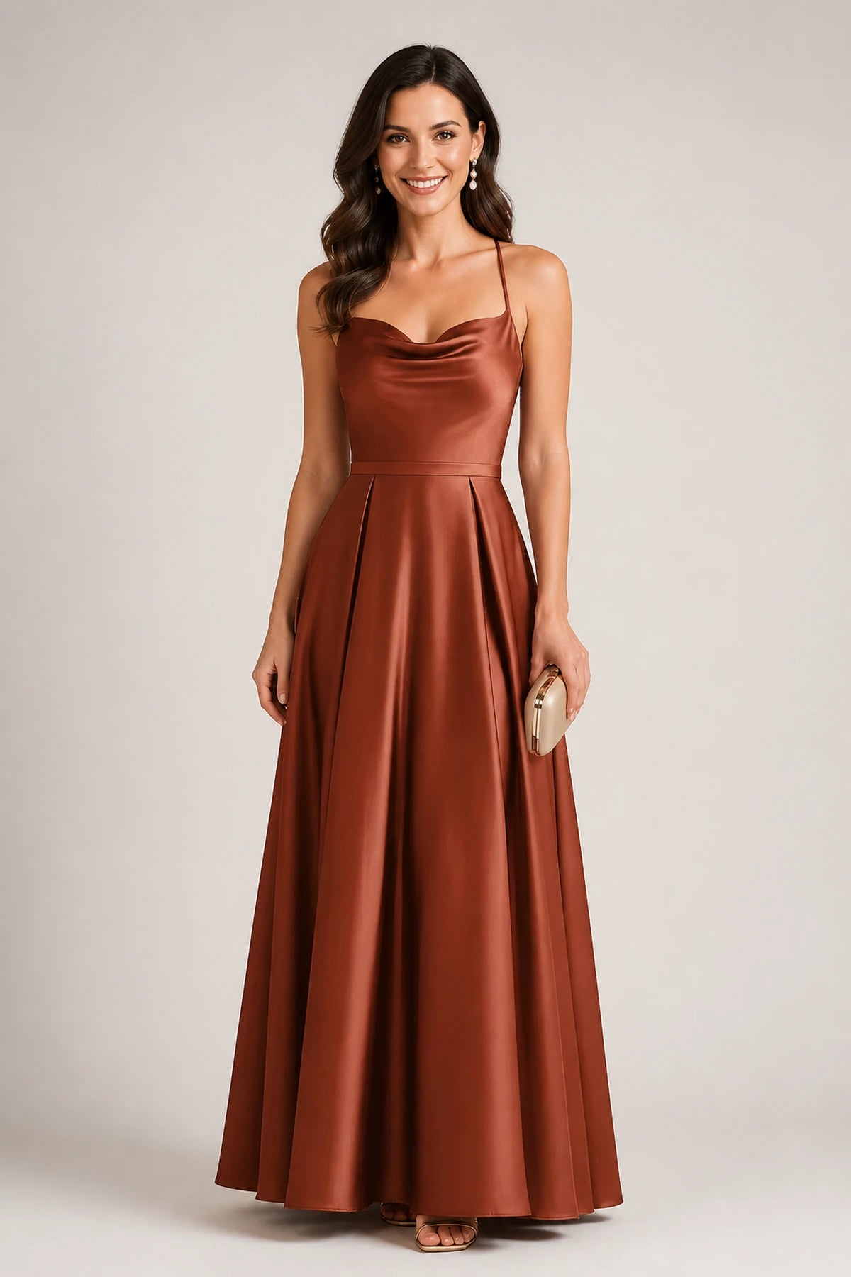 Elegant A-Line Cowl-Neck Spaghetti-Strap Sleeveless Cross-Back Floor-Length Wedding Guest Dress