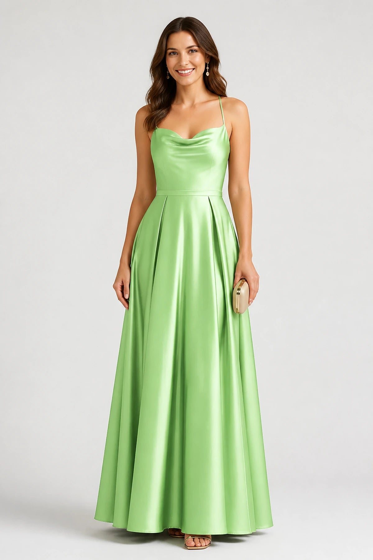 Elegant A-Line Cowl-Neck Spaghetti-Strap Sleeveless Cross-Back Floor-Length Wedding Guest Dress