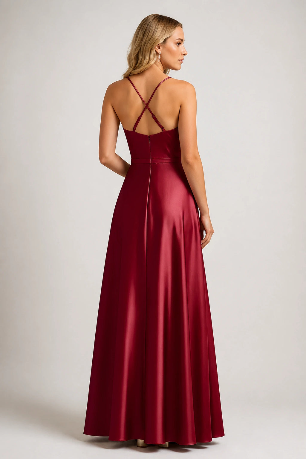 Back view of burgundy satin wedding guest dress with crossed spaghetti straps and zipper back by GraceProm