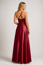 Back view of burgundy satin wedding guest dress with crossed spaghetti straps and zipper back by GraceProm