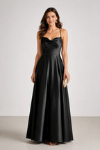 Elegant A-Line Cowl-Neck Spaghetti-Strap Sleeveless Cross-Back Floor-Length Wedding Guest Dress