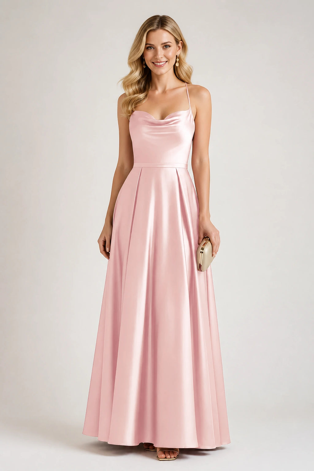Elegant A-Line Cowl-Neck Spaghetti-Strap Sleeveless Cross-Back Floor-Length Wedding Guest Dress