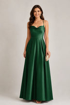 Elegant A-Line Cowl-Neck Spaghetti-Strap Sleeveless Cross-Back Floor-Length Wedding Guest Dress