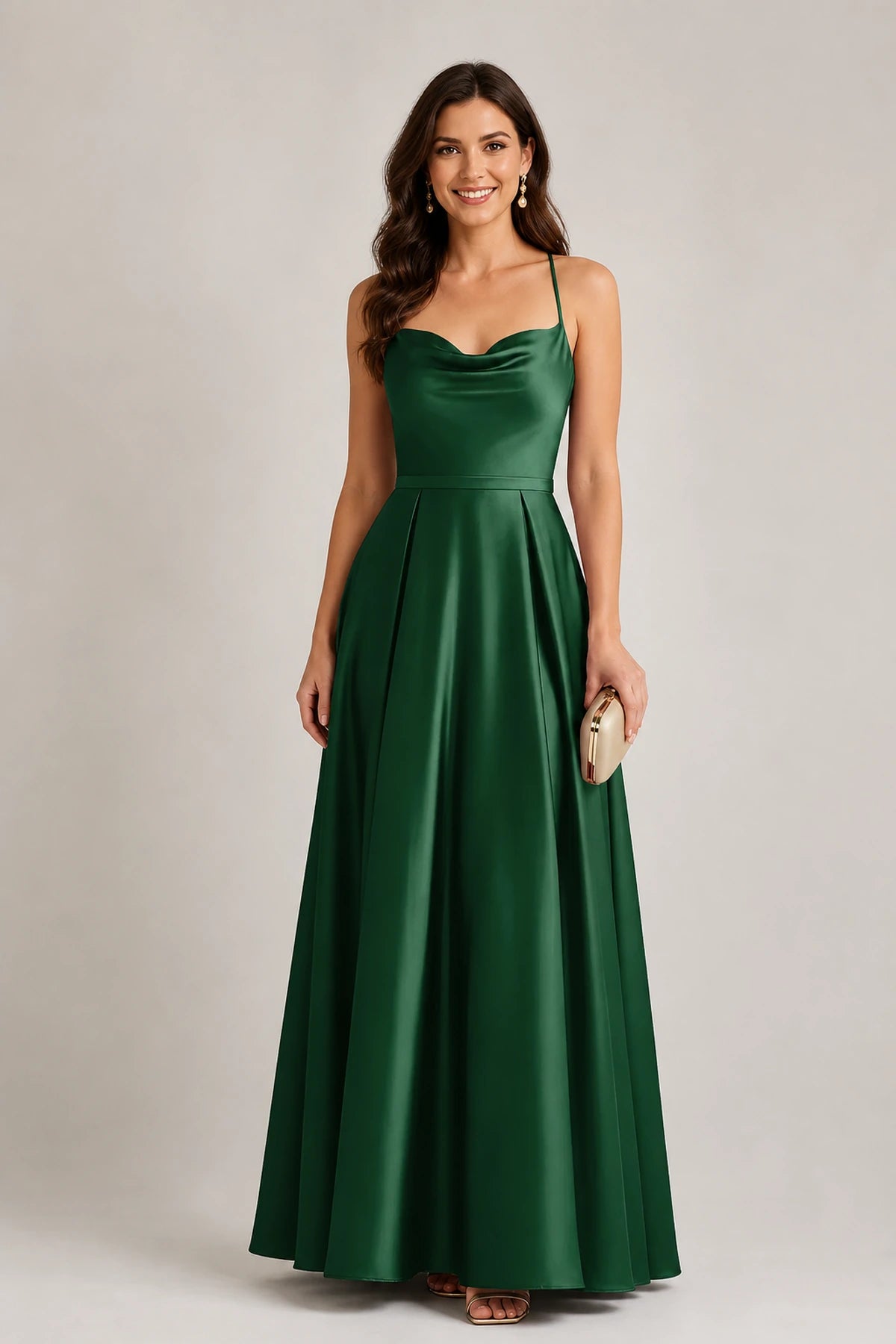 Elegant A-Line Cowl-Neck Spaghetti-Strap Sleeveless Cross-Back Floor-Length Wedding Guest Dress