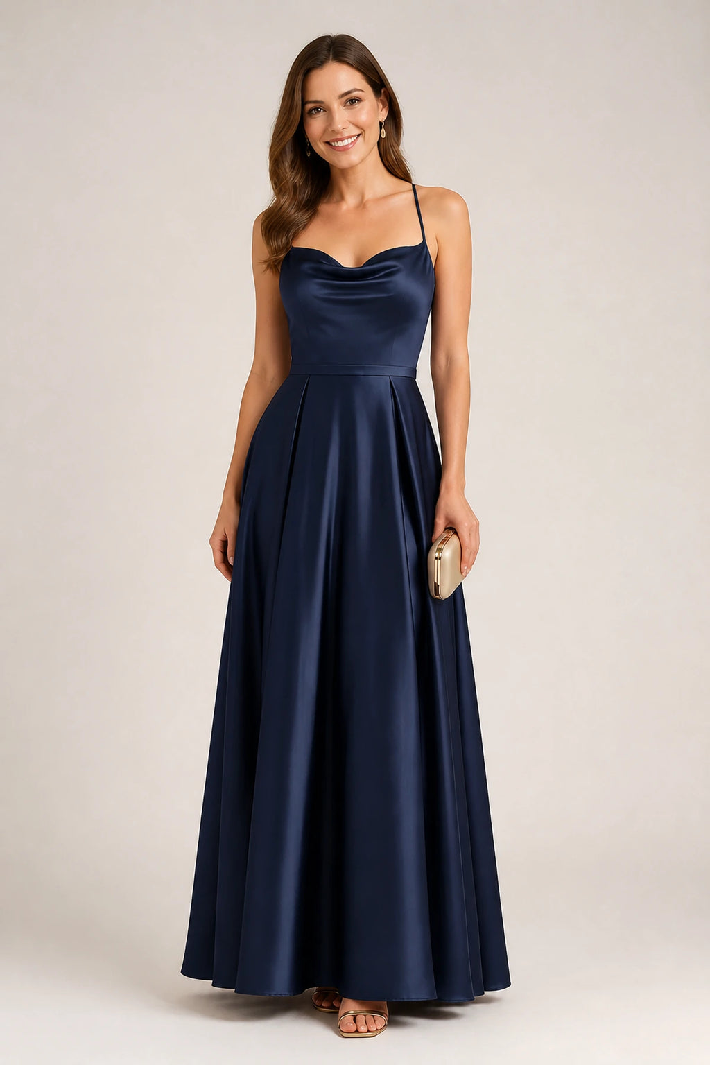 Elegant A-Line Cowl-Neck Spaghetti-Strap Sleeveless Cross-Back Floor-Length Wedding Guest Dress