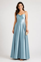 Elegant A-Line Cowl-Neck Spaghetti-Strap Sleeveless Cross-Back Floor-Length Wedding Guest Dress