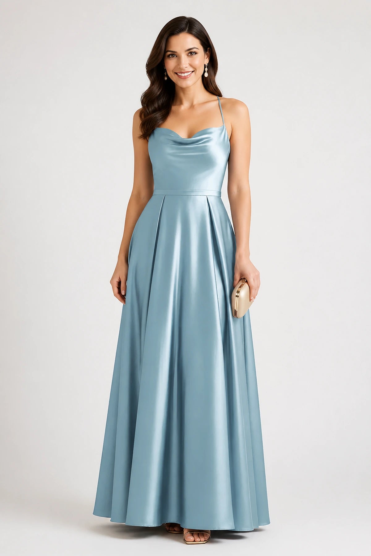 Elegant A-Line Cowl-Neck Spaghetti-Strap Sleeveless Cross-Back Floor-Length Wedding Guest Dress