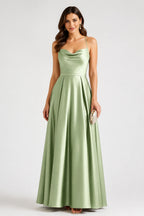 Elegant A-Line Cowl-Neck Spaghetti-Strap Sleeveless Cross-Back Floor-Length Wedding Guest Dress
