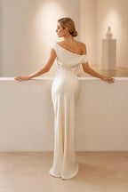 Satin Sheath Off Shoulder Thin Strap Zipper-Back Long Wedding Guest Dress