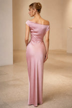 Satin Sheath Off Shoulder Thin Strap Zipper-Back Long Wedding Guest Dress
