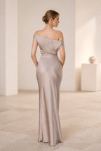 Satin Sheath Off Shoulder Thin Strap Zipper-Back Long Wedding Guest Dress