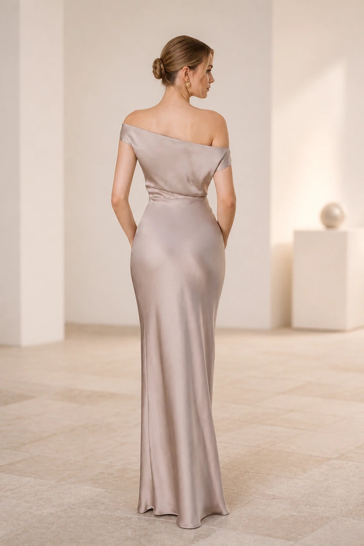 Satin Sheath Off Shoulder Thin Strap Zipper-Back Long Wedding Guest Dress