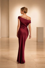 Satin Sheath Off Shoulder Thin Strap Zipper-Back Long Wedding Guest Dress